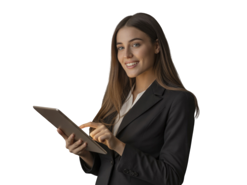 Smiling businesswoman using a tablet computer isolated on transparent background