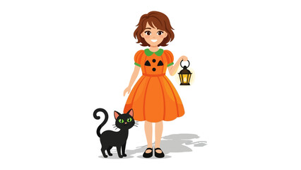 Halloween Girl and Black Cat: A young girl dressed in a festive pumpkin dress stands proudly with a black cat, the scene perfect for the season, embodying the fun of Halloween. 