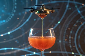 Miniature drone dispensing liquid into a cocktail glass quadcopter technology