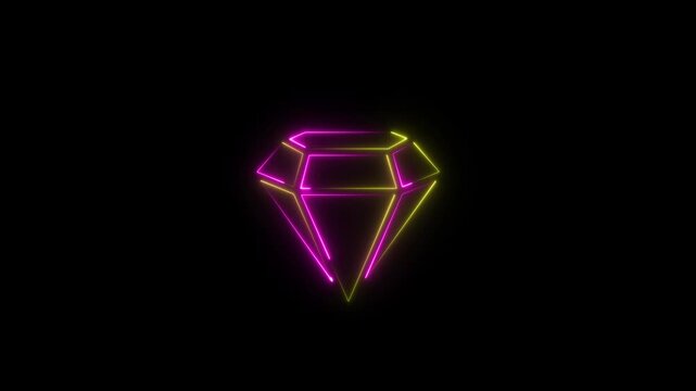 Abstract glowing diamond icon.Neon glowing diamond icon on black background.Neon gemstone icon animation, flickering emergence and fading. Glowing neon diamond, looped animation.