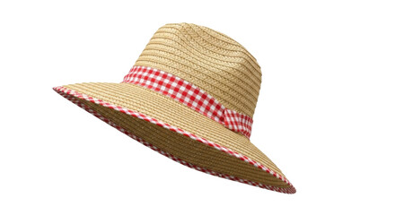 Summer straw hat with red and white gingham ribbon isolated PNG with Transparent Background