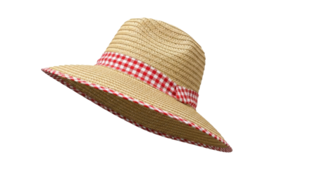 Summer straw hat with red and white gingham ribbon isolated PNG with Transparent Background