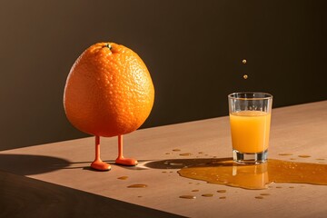 Orange character next to spilled orange juice fruit standing
