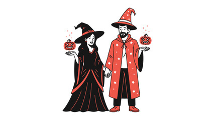 Mystical Duo in Costume: A couple in whimsical attire, evoking a sense of enchantment. They showcase Halloween decor, symbolizing festive gatherings.