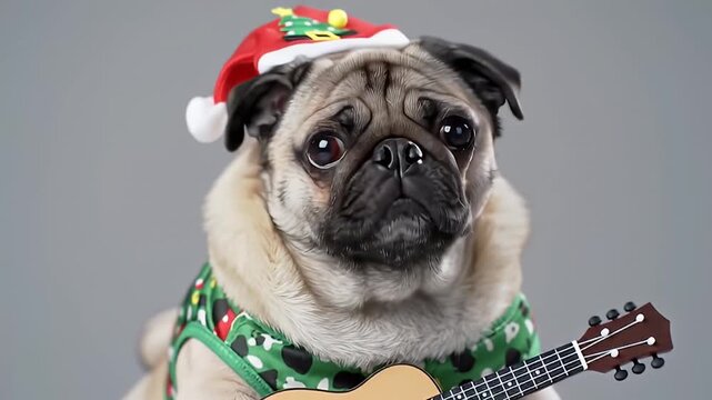 Pug Dog Wearing Holiday Costume with Red Hat and Green Shirt Holding a Miniature Ukulele on Gray Backdrop