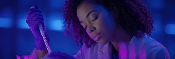 African american woman scientist in lab coat and gloves using pipette in futuristic laboratory with vibrant purple-blue lighting
