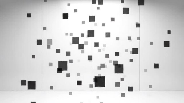 Abstract arrangement of scattered dark squares against a light background, creating a sense of dynamic movement and digital space.