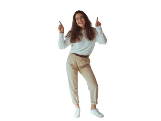 Young woman dancing and pointing fingers isolated on transparent background
