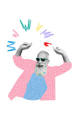 Vertical photo collage of happy old pensioner man confetti event celebration birthday occasion relax isolated on painted background