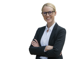 Smiling blonde businesswoman with glasses and arms crossed isolated on transparent background