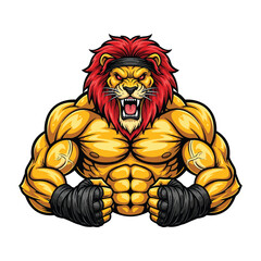 Fierce muscular lion warrior with red mane and boxing wraps