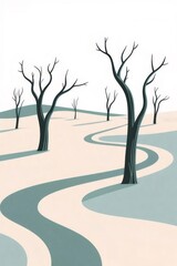 裸の木と青い道のあるミニマルな風景イラストレーション