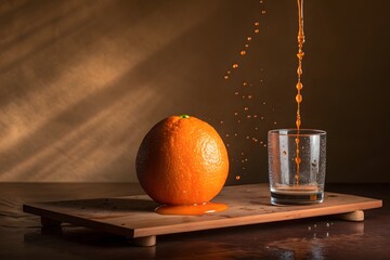 Orange Juice Pouring into Glass from Orange on Board fruit citrus