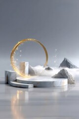 金色のリングと大理石の台座のある抽象的な風景