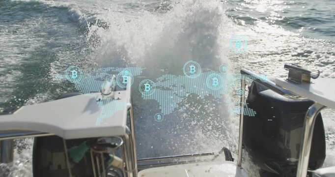 Engine revving stirring water behind boat cutting through sea visualizing Bitcoin network fading