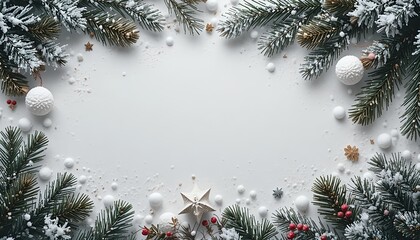 Snowy Pine and Ornament Border on Neutral Background – Elegant Winter Frame for Holiday Design