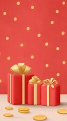 赤いギフトボックスと金のコインのミニマリスト背景
