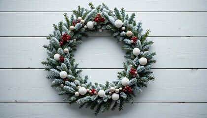 Christmas Wreath with White and Gold Ornaments on Wooden Wall – Traditional Holiday Elegance