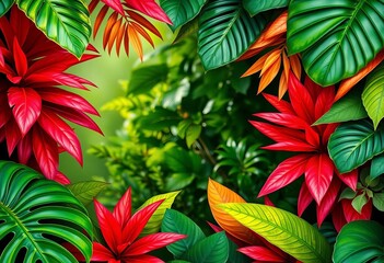 Fototapeta premium Lush, vibrant tropical leaves form a natural frame, background, isolated