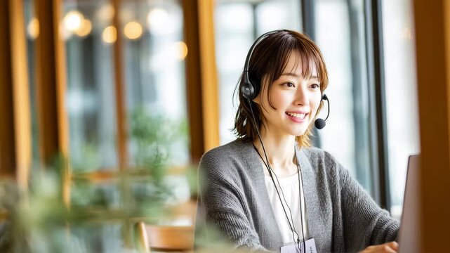 女性がヘッドセットで電話対応に悩む真剣な表情