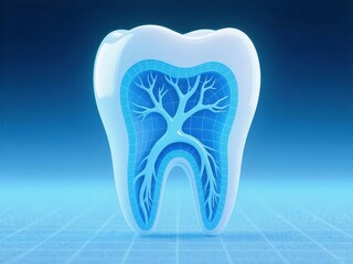 青色の背景に浮かぶ断面図の歯のイラスト