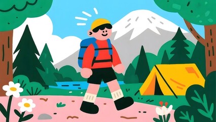 赤いシャツの男が山岳風景の中をハイキング