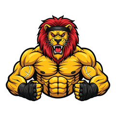 Fierce muscular lion warrior with red mane and boxing wraps