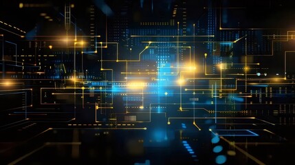 抽象的な青と金の回路基板ネットワーク