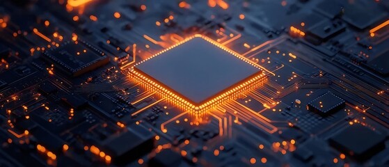 暗い背景に光るオレンジ色の回路基板のクローズアップ