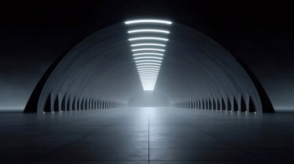 暗い半円形のホールに白く輝くライトのあるアーチ
