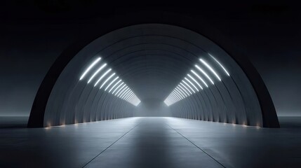 照明のある暗いアーチ型コンクリートトンネル