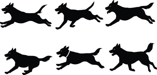 Running dog silhouette vector set showing leaping, jumping, sprinting, playful pets in motion, dynamic animal poses, black design illustration