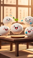 木製のテーブルの上に白いお団子 マスコット イラスト