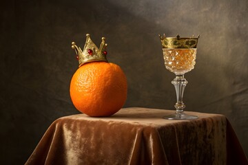 Orange Wearing a Crown Next to a Goblet of Liquid fruit king