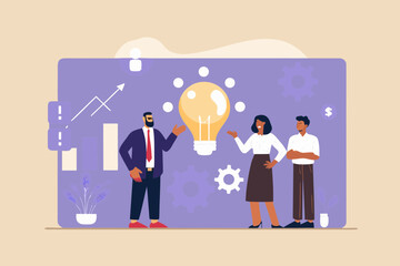 Diverse business team collaborating on a bright idea represented by a glowing lightbulb and growth charts