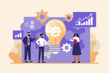Team of professionals discussing a bright idea with a large glowing lightbulb and gears symbolizing innovation and progress