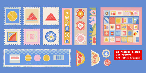 Collection of colorful and whimsical postage stamps and poster art with abstract shapes and fruit motifs