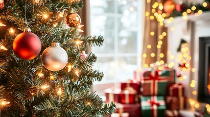 Mirrorless 50mm focusing on radiant 2026 above stacked festive gifts, shallow focus creating dreamy colorful blur