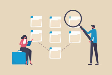 Fototapeta premium Business people analyzing data and documents using a magnifying glass and tablet for research and organization