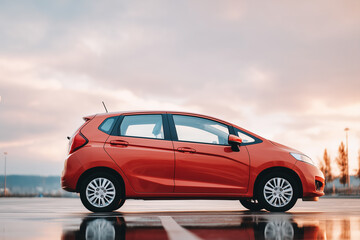 Fototapeta premium Red hatchback car under cloudy sky 