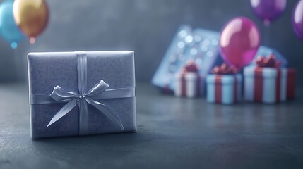 Full-frame camera at 85mm focal length focusing sharply on colorful luminous 2026 balloons, blurred dreamy luminous gift background for festive depth