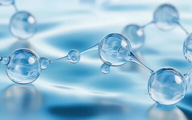 水分子のクローズアップ ライトブルーの液体背景
