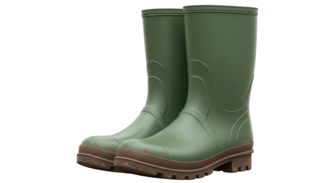 Pair of green rubber wellington boots isolated PNG with Transparent Background