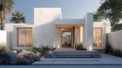 白い幾何学的住宅の正面の自然光