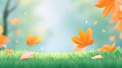 オレンジの葉と緑の草の穏やかな秋の背景