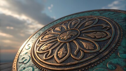 Ornate Bronze and Teal Decorative Medallion Detail image photo