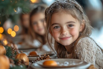 Fototapeta premium Little girl enjoying a meal at a table.