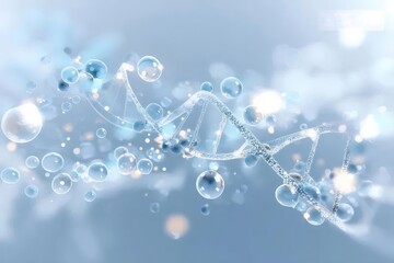 青と白のDNA構造の背景に浮かぶ球体