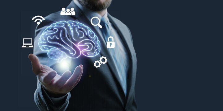 Business man hold digital brain icons