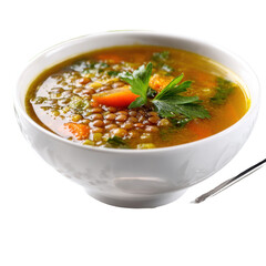 Warm and hearty lentil soup filled with fresh vegetables and herbs in a white bowl